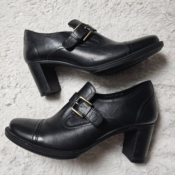 ECCO Saunter Buckle Slip-On Loafer Black Leather Block Heel EU Size 40 - Picture 2 of 6